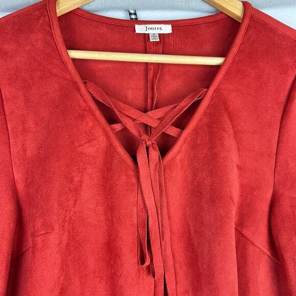 NEW Jodifl Burnt Orange Faux Suede Flare Crochet Trim Sleeve Oversized Blouse S - Picture 5 of 12